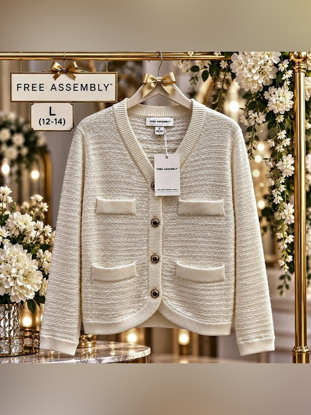Free Assembly Women’s Cream Welt Pocket Cardigan Sweater – Size L (12–14) – NWT
